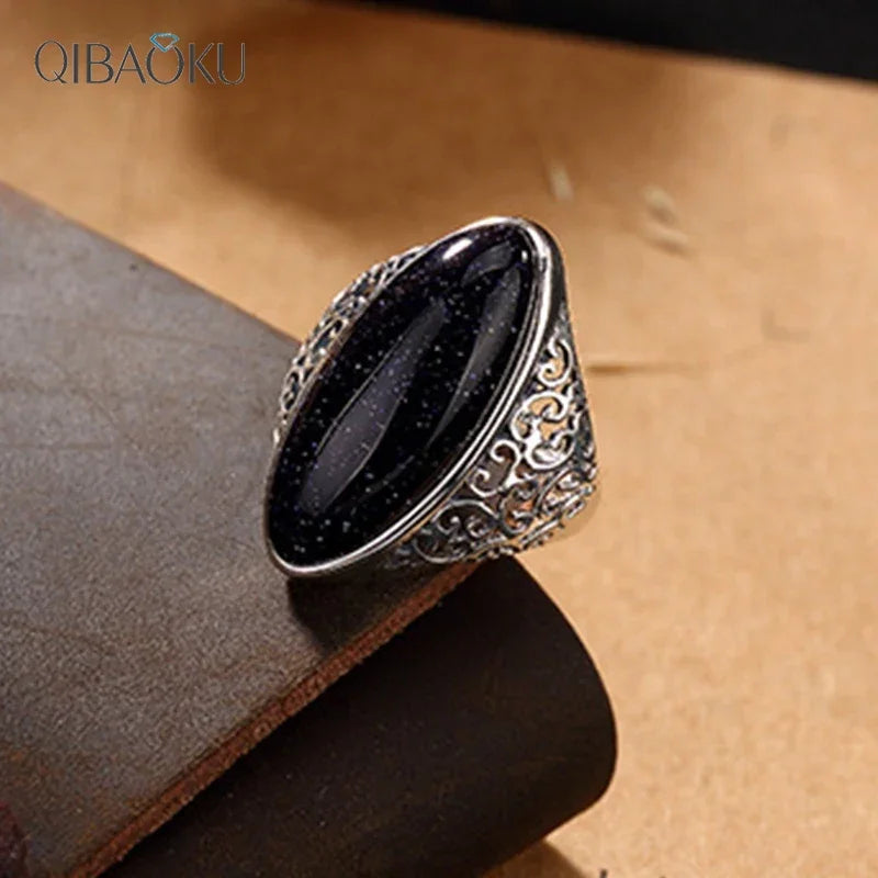 Bagues pour femmes en argent S925, bijoux raffinés, aventurine bleue vintage, turquoise creuse, bague élégante, cadeau