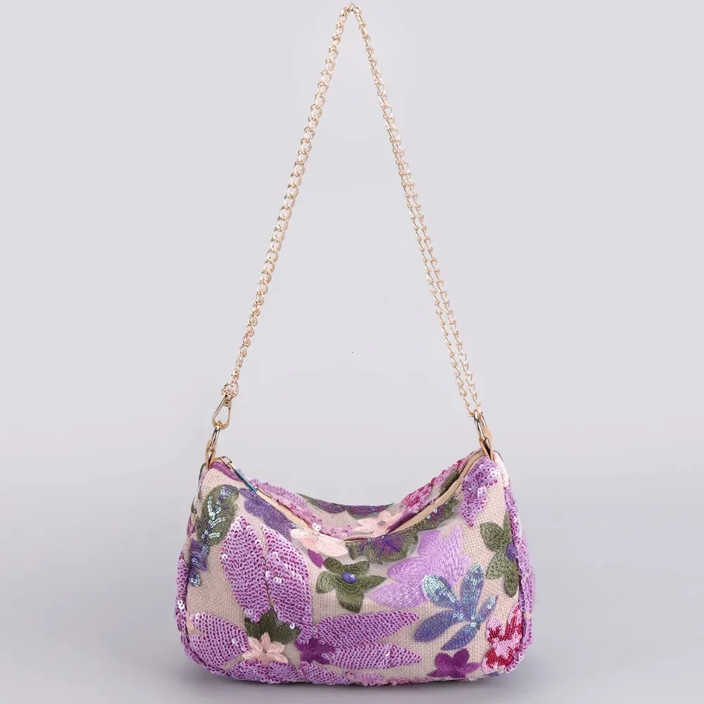 Borse a tracolla da donna con ricamo floreale carino Catene con paillettes alla moda Borsa a tracolla Borsa da spiaggia casual estiva Borsa e portamonete Hobos