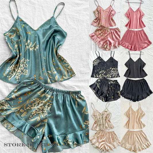 Plus Size 3XL 4XL 5XL Pigiama 2 pezzi Set cinturino sexy Top e pantaloncini Pigiama Completo Lingerie Estate Indumenti da notte in raso Stampa fiore Homewear