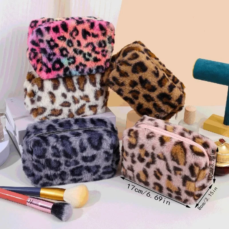 Borse per il trucco in pelliccia di leopardo per le donne Borsa per cosmetici da viaggio morbida Custodia per organizer Custodia per borse da donna per ragazze