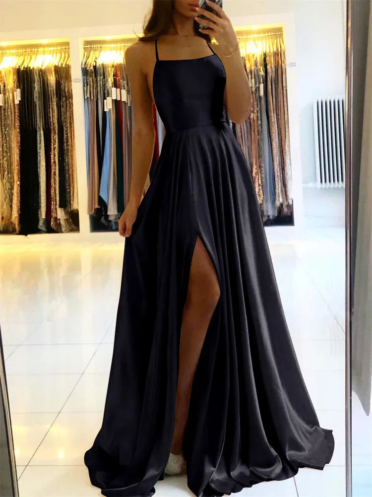 Abito da donna maxi da spiaggia in raso bordeaux per Natale Spacco laterale sexy Cinghie regolabili Abito da ballo da sera Abiti da damigella d'onore economici