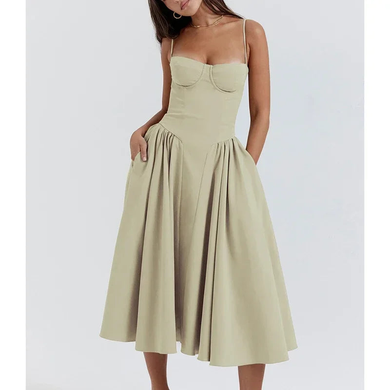 Elegante abito longuette con cinturino per spaghetti da donna Party Slim A Line Solid Bretelle Abiti da donna Nuova moda primavera estate Abiti sexy