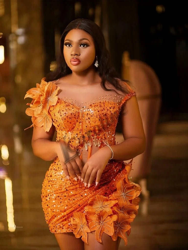 Caroline Bling Paillettes Abiti da ballo per le donne Pieghettato Fiori 3D Dubai Abito da sera formale Vestido De Formatura Personalizzato