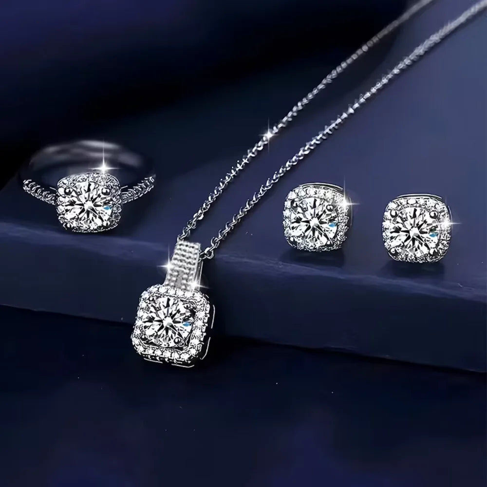 Ensemble 3 pièces de bijoux de luxe brillants géométriques carrés en zircon, collier, boucles d'oreilles et bagues pour femme, parure de bijoux tendance, cadeau d'anniversaire