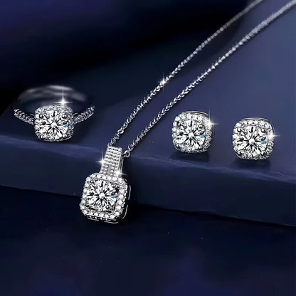 Ensemble 3 pièces de bijoux de luxe brillants géométriques carrés en zircon, collier, boucles d'oreilles et bagues pour femme, parure de bijoux tendance, cadeau d'anniversaire