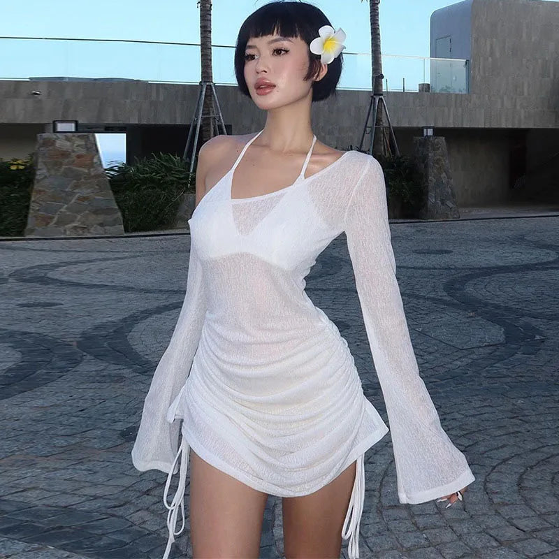 Mini abito da donna con colletto obliquo solido, spalline increspate, con lacci, trasparente, con cordino, estate 2025, Party Clubwear