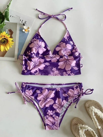 Costume da bagno sexy con stampa floreale gialla Set da donna Halter Push Up Crop Top Costume da bagno 2025 Costume da bagno da spiaggia con lacci Costumi da bagno a vita alta