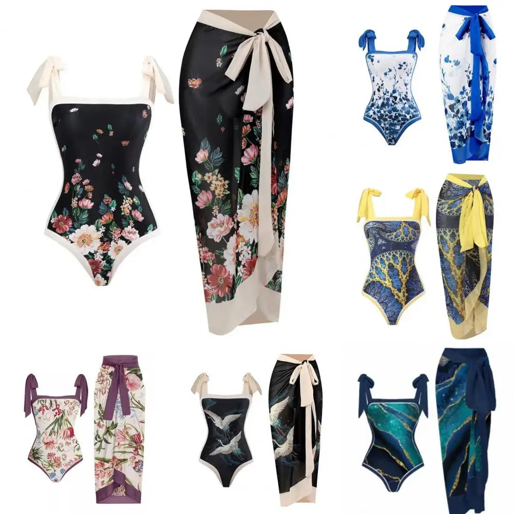 2 pezzi/set costume monokini da donna stampa vintage costume intero con cravatta al collo quadrato con gonna costume da bagno da donna con copertura da spiaggia