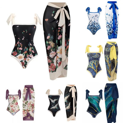 2 pezzi/set costume monokini da donna stampa vintage costume intero con cravatta al collo quadrato con gonna costume da bagno da donna con copertura da spiaggia