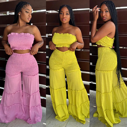 Damen Sommer Sexy Outfits 2-teiliges Boho-Hosen-Set, gerüscht, zweiteilig, Damen trägerloses Crop Tube Top und weite Hose