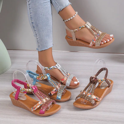 Sandali con zeppa da donna Sandali con zeppa estivi con strass Bohemia Sandali con plateau casual Scarpe da spiaggia all'aperto con punta aperta femminile оьь ж Dönaki......???nikovя