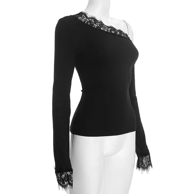 Top da donna con giunture in pizzo asimmetrico, moda casual, top autunnale, stile europeo americano, vita scoperta