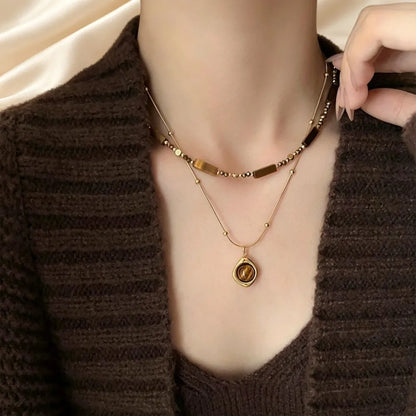 Collana con ciondolo a strati in pietra occhio di tigre stile retrò per donna, set di gioielli con catena a clavicola in acciaio inossidabile