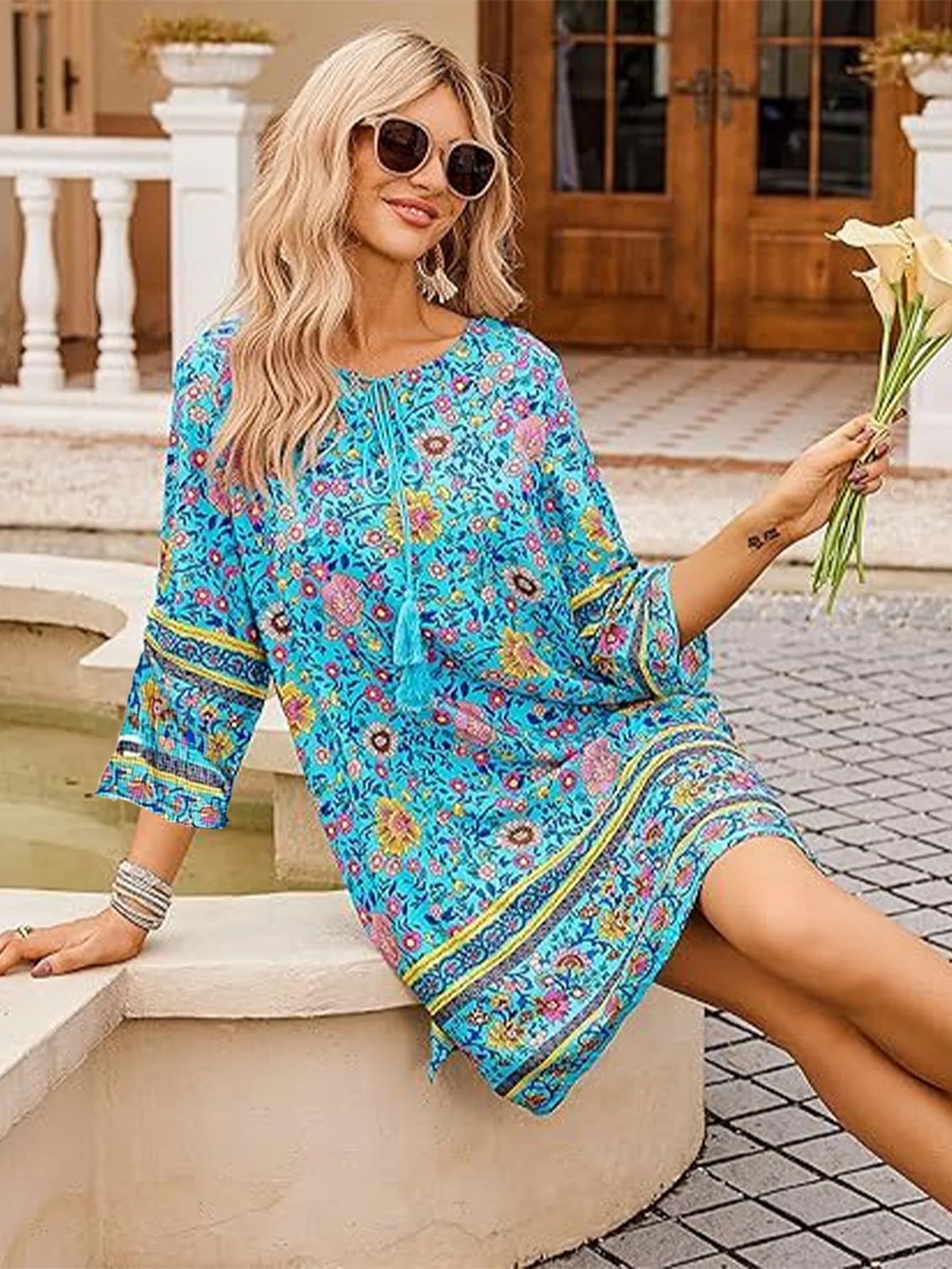 Abito stampato vintage in 7 colori Abito da donna con scollo tondo a maniche lunghe Abito estivo da vacanza di High Street