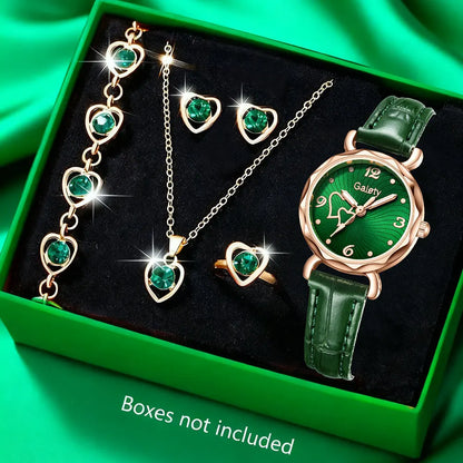 Women Fashion Watches Heart Rhinestone Ring Necklace Earring Jewelry Set Luxury Dress Quartz WristWatch Simple Elegant Watch Gif