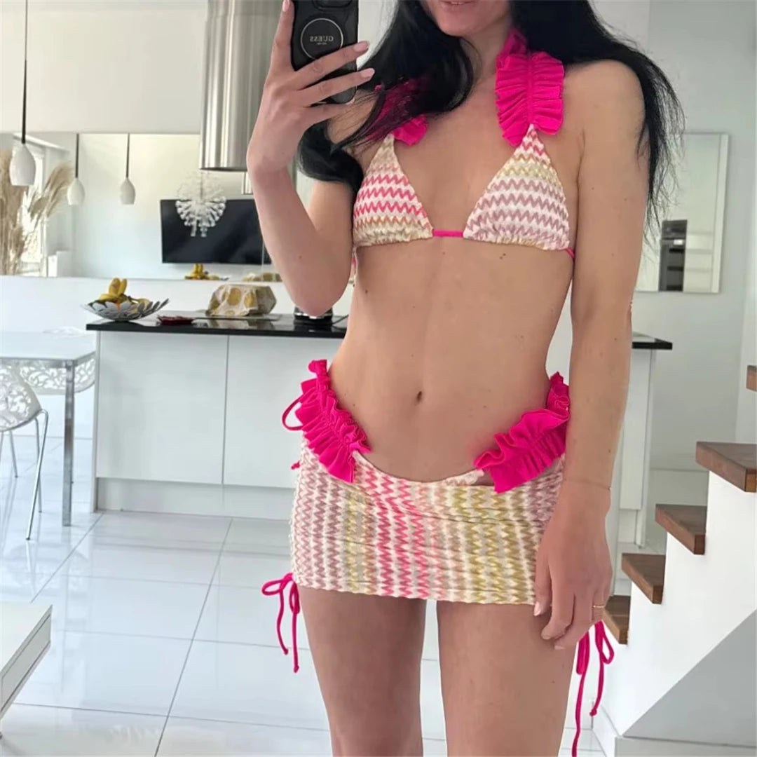 Con gonna Waved Ruffled Bikini con volant costume da bagno femminile costumi da bagno donna tre pezzi Bikini set bagnante costume da bagno Swim V5235