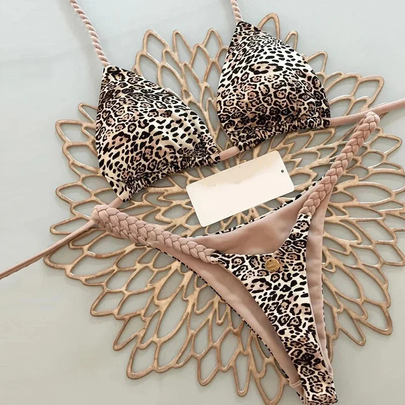 Swimwear Women Leopard Printed Sexy Bikini Set Striped Beachwear Summer Swimsuit Two-pieces Thong Bathing Suit Biquinis