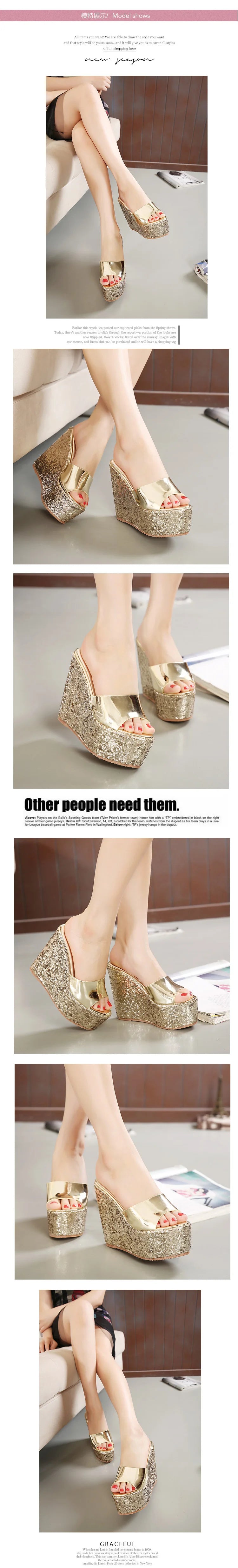 Zeppa Tacchi altissimi 14CM Piattaforma Oro Nastro Paillettes Sandali da donna Abito da sposa Pantofole da esterno alte per l'estate