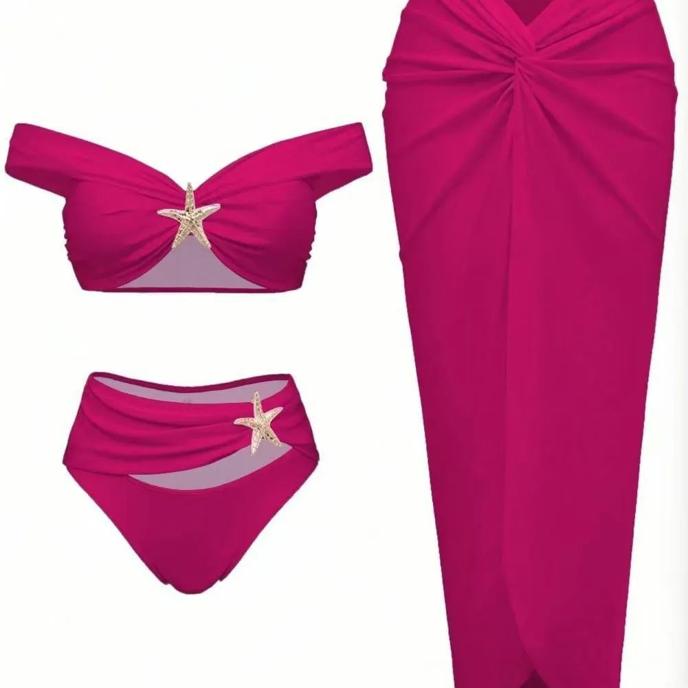 Damen Sexy Bikini Set Beachwear Metallic Seestern Bikini Falten Lange Röcke Dreiteilige Sets Hot Girl Urlaubsstil Badeanzug