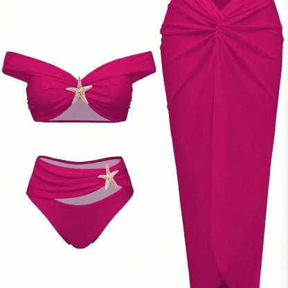 Damen Sexy Bikini Set Beachwear Metallic Seestern Bikini Falten Lange Röcke Dreiteilige Sets Hot Girl Urlaubsstil Badeanzug