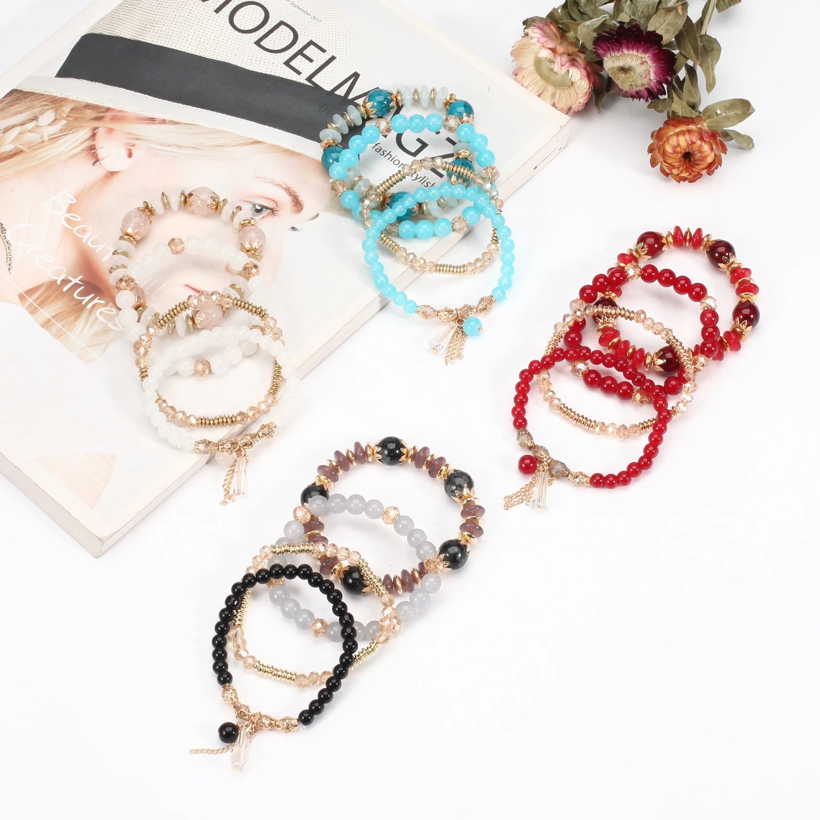 Braccialetti bohémien con perline impilabili per donna Braccialetti elasticizzati con ciondolo a forma di braccialetto multistrato