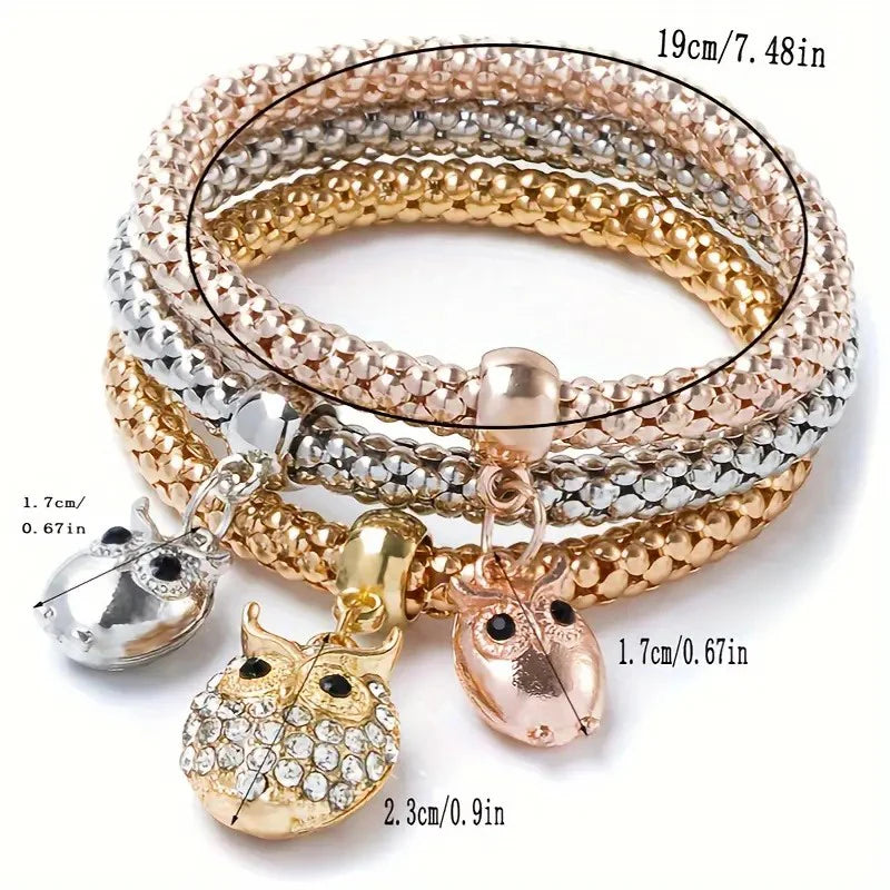 Set da 3 pezzi con lucchetto a forma di cuore, chiave, segno musicale, braccialetto con ciondoli, gufo, placcatura in oro rosa, catena color argento, set di gioielli con bracciale con ciondolo Owm