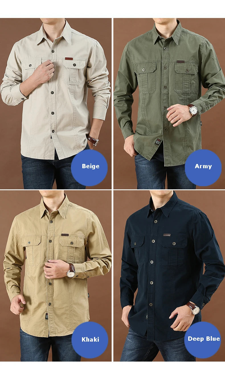 100% cotone di alta qualità primavera autunno moda uomo manica lunga tinta unita camicia Casual Multi tasca 6XL giacca Cargo di grandi dimensioni