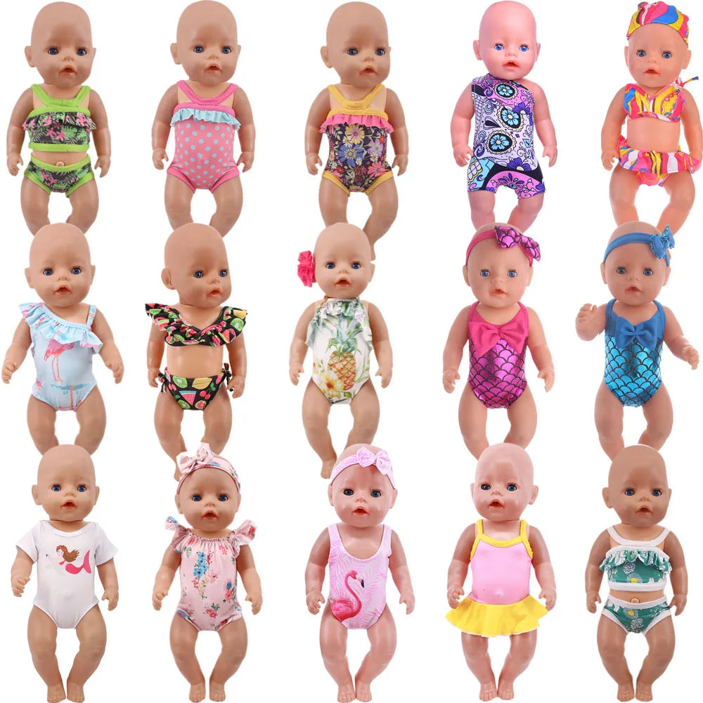 Costume da bagno per bambini in diversi stili, grazioso costume intero per bambole da 43 cm, accessori per bambole americane da 18 pollici, regali giocattolo per ragazze