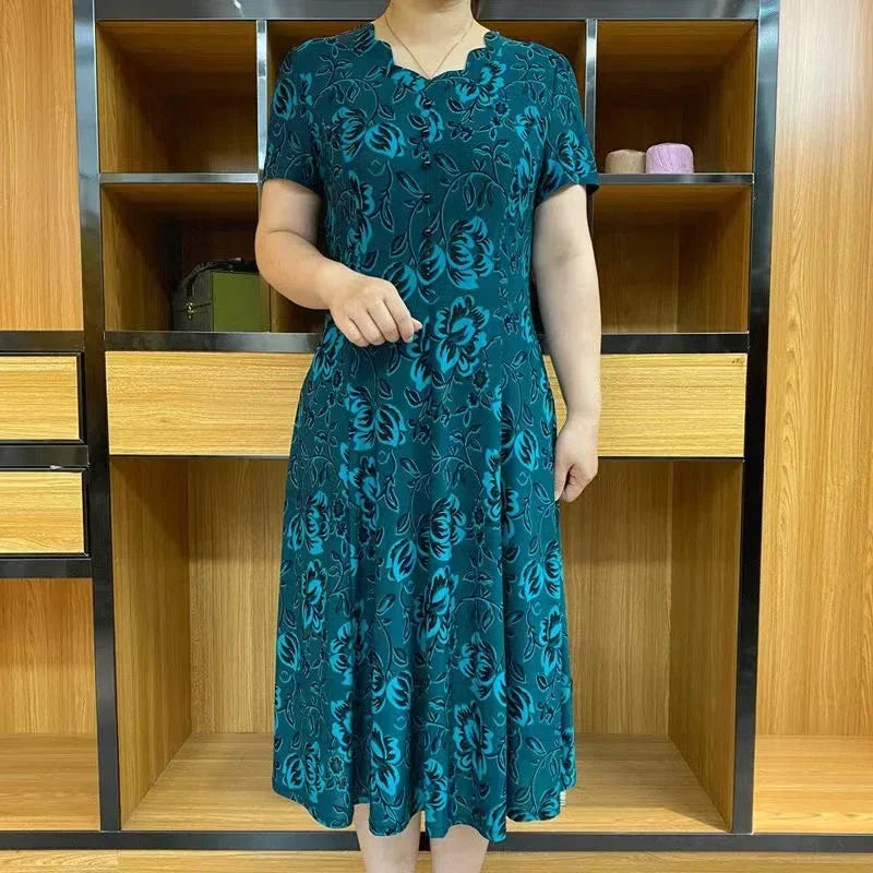 Abito estivo nuovo 2024 Abito classico da donna retrò Stampa Abito casual a maniche corte Moda Plus Size Fiore
