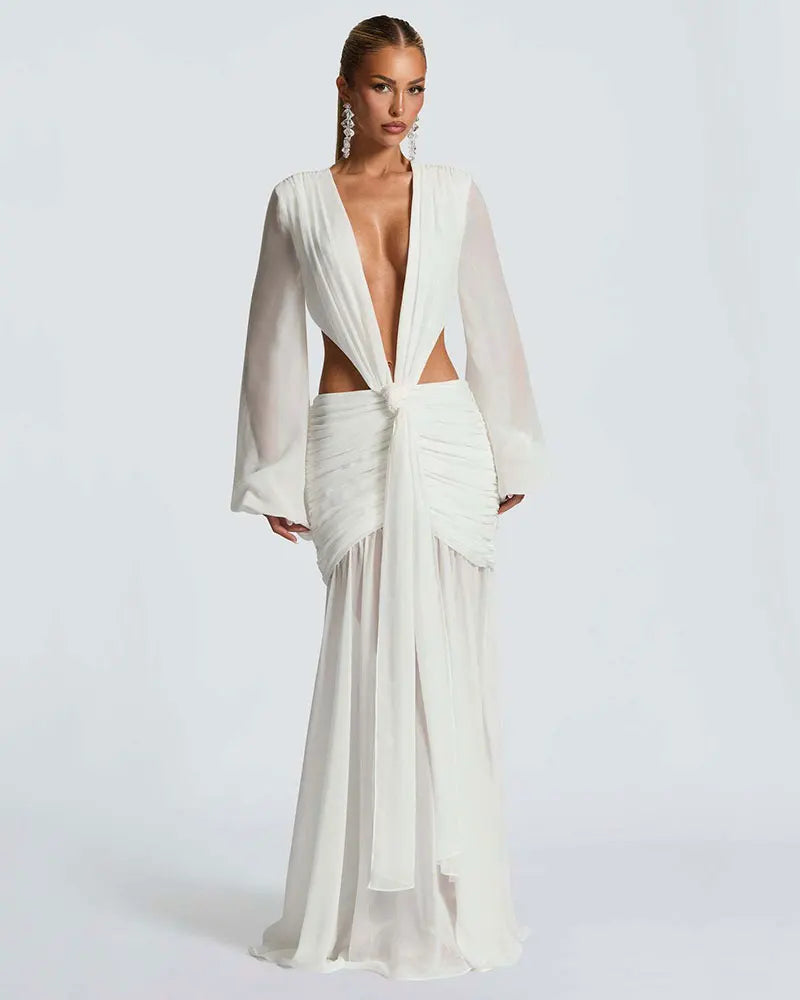 GACVGA Abito lungo elegante in chiffon per donna Nuovi abiti con maniche a lanterna Abiti lunghi aderenti da club sexy pieghettati