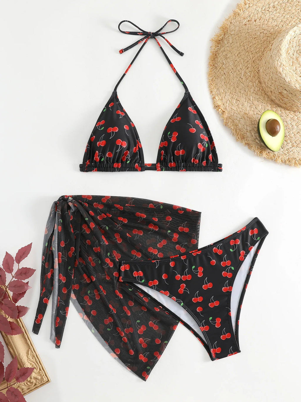 Il bikini da donna Frech chic con stampa ciliegia imposta tre pezzi con gonna a rete costume da bagno costumi da bagno costume da bagno abiti da spiaggia biquini