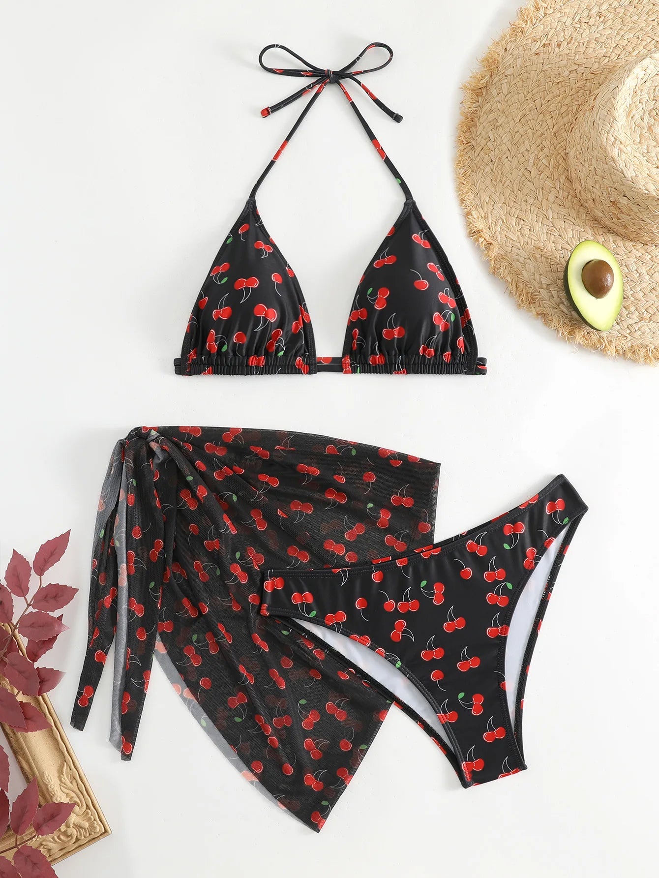 Il bikini da donna Frech chic con stampa ciliegia imposta tre pezzi con gonna a rete costume da bagno costumi da bagno costume da bagno abiti da spiaggia biquini