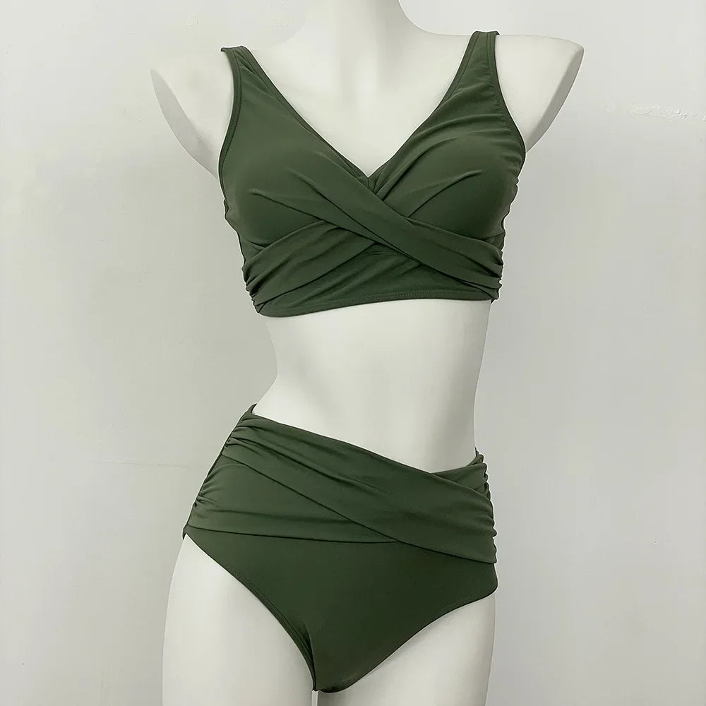 swimsuit ladies Women's High Waist  Bikini Sets Sporty Two Piece Swimsuits Solid Colors High Cut Bathing Suits Women Bikini Sets