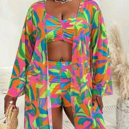 L-4XL Plus Size Set da 3 pezzi Bikini Cover Up Costume da bagno push up da donna Estate Mujer Costumi da bagno con controllo della pancia Set bikini oversize