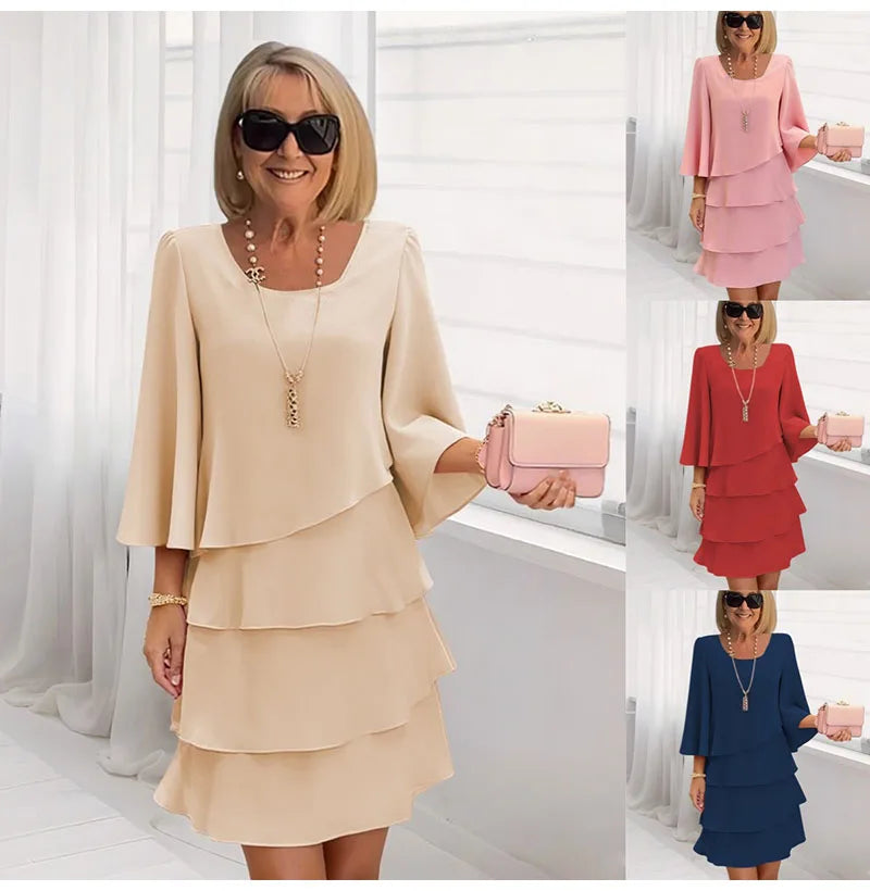 Abito longuette casual con volant Donna 2025 Abiti estivi con scollo a tinta unita moda estiva eleganti
