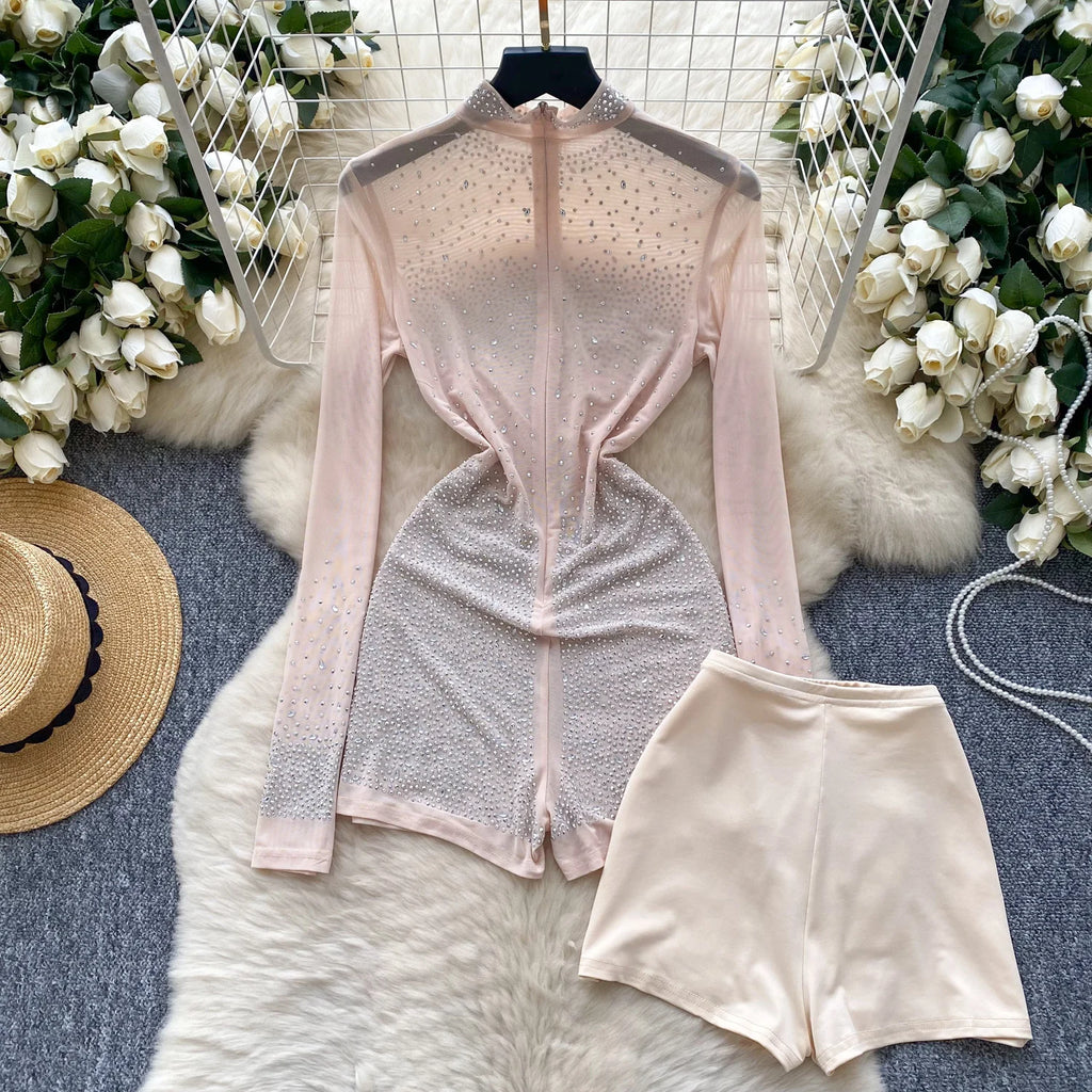 SINGREINY Estate Sottile Sheer Sexy Body Manica Lunga Cerniera Con Pantaloncini Design Pagliaccetti Liste Streetwear Donna Maglia Tute