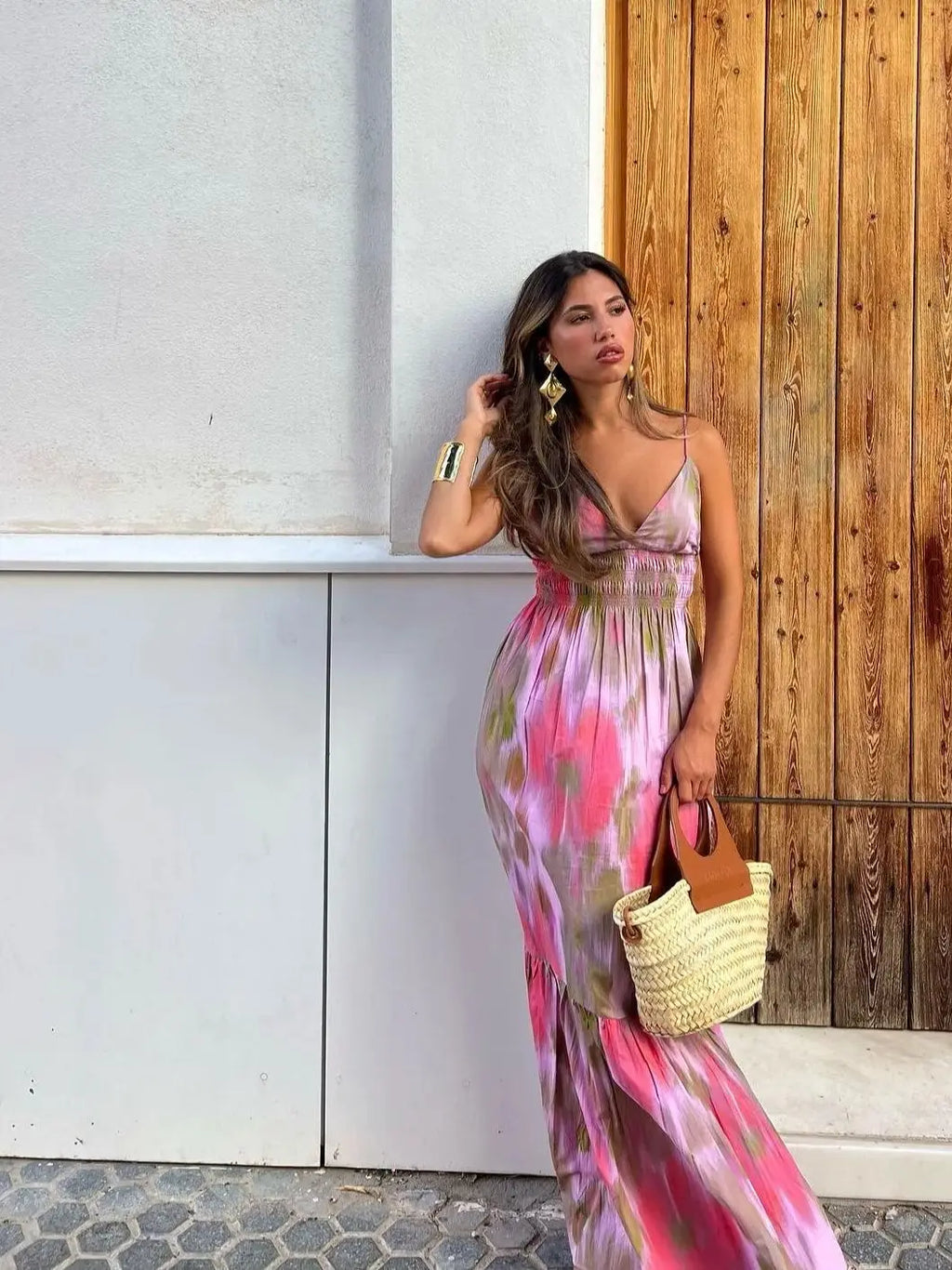 Abito senza schienale con elastico in vita stampato alla moda Abito da donna con lacci Cinghie vintage con scollo a V Abiti midi da spiaggia chic per le vacanze femminili
