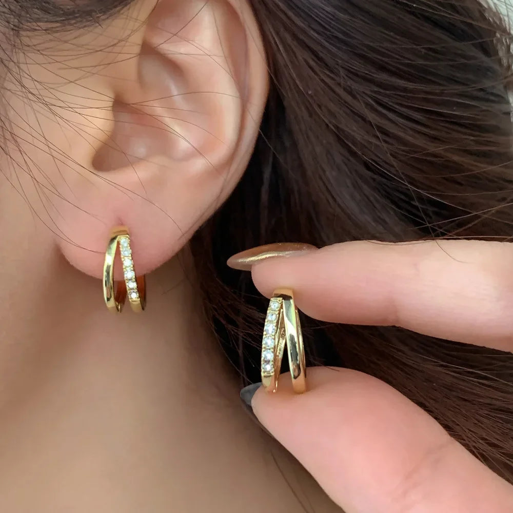 Orecchini a Cerchio in Acciaio Inossidabile Color Oro per Donne, Semplici Orecchini a Doppio Anello con Zirconia Cubica, Gioielli per Piercing alla Cartilagine