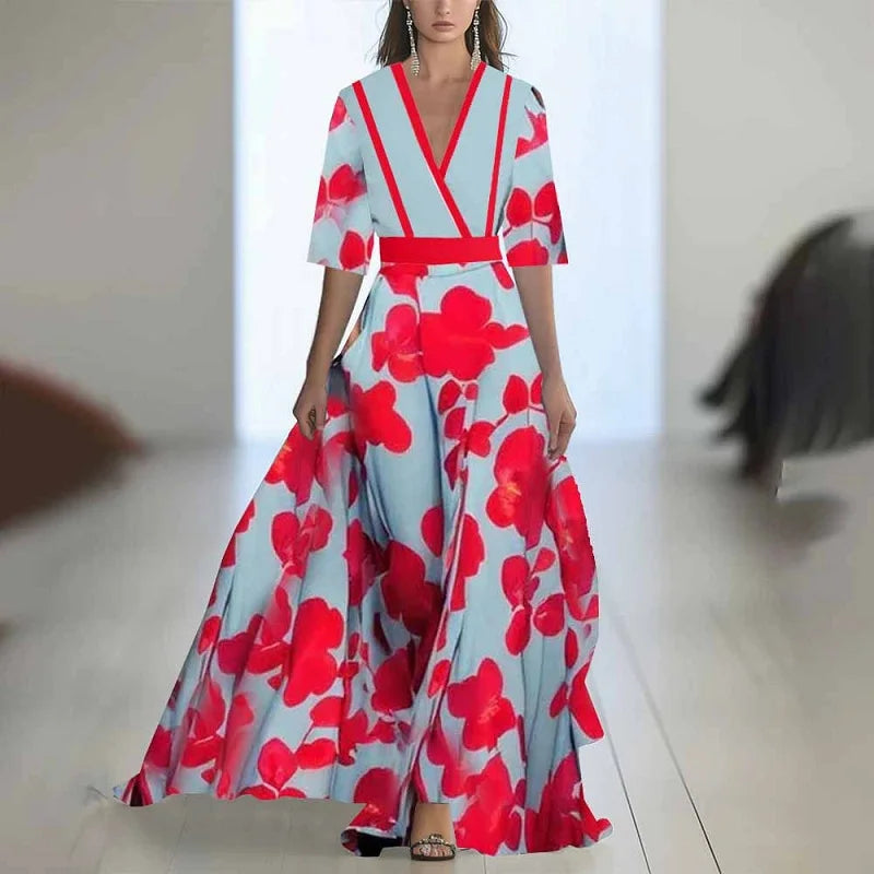 Abito bohémien patchwork con stampa floreale alla moda Donna Abiti lunghi sexy con scollo a V profondo Abiti lunghi larghi con maniche a sbuffo della nuova primavera