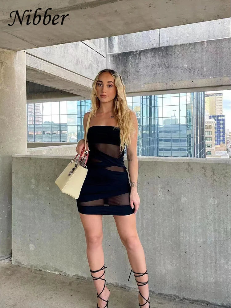 Nibber See think Mesh Patchwork Mini Dress Bandage Wrapped Chest Women Sexy Hip Wraps abiti Female Partywear Colthing