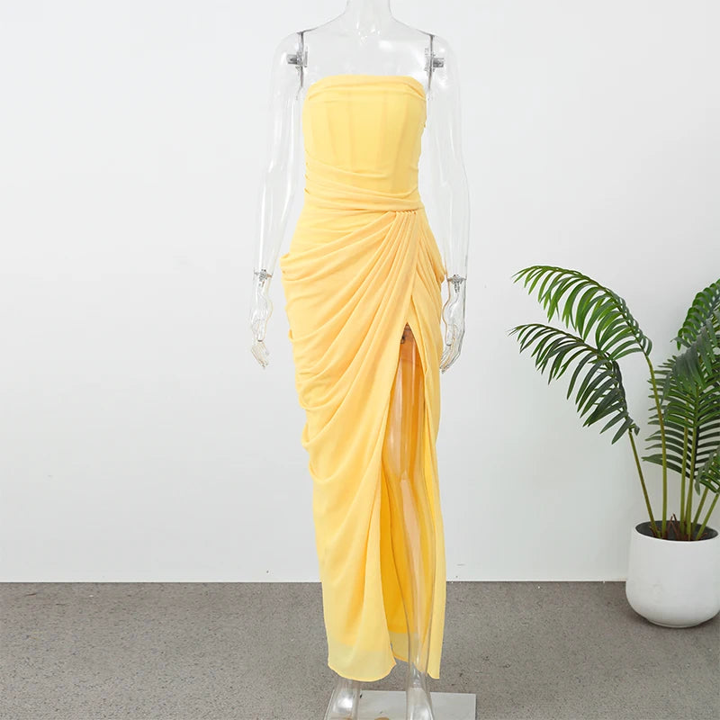 Elegante Abito Giallo Senza Spalline con Pieghe, Chic Senza Maniche, con Spacco e Vita Stretta, Vestito Lungo da Sera per Donna 2026