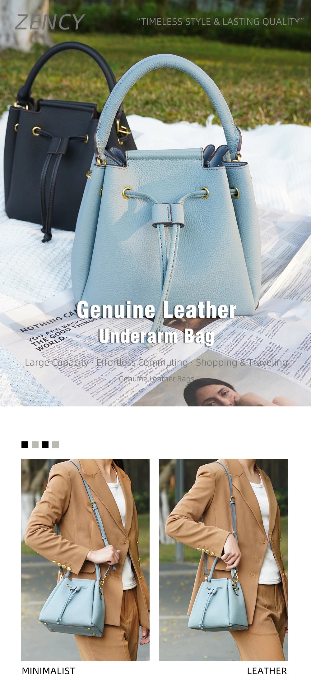 Borsa a Mano in Vera Pelle Zency per Donna, Borsa a Secchiello Semplice e Alla Moda, Borsa a Tracolla di Lusso, Piccola Borsa a Tracolla Femminile