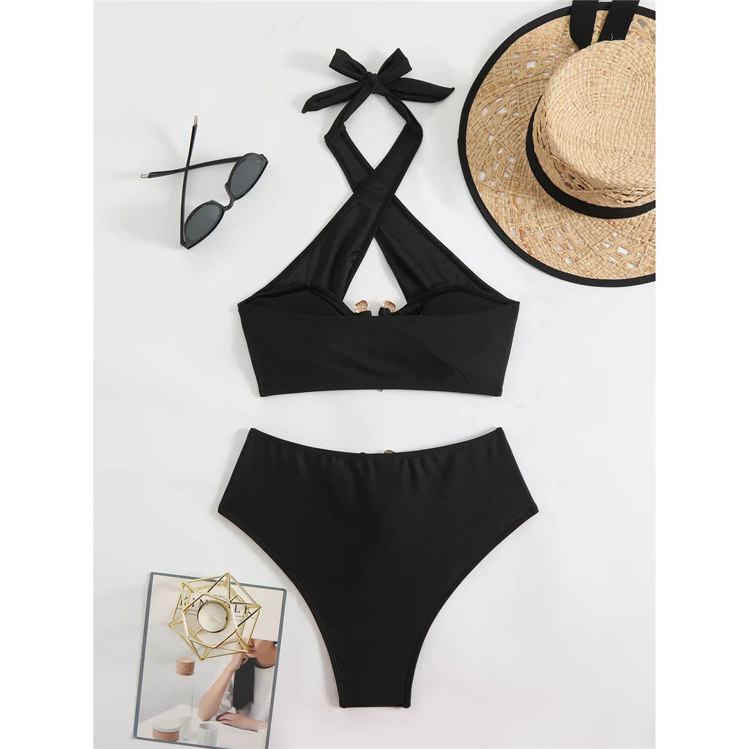 Bikini a vita alta con cut-out e allacciatura al collo da donna 2026 - Set due pezzi imbottito V6256