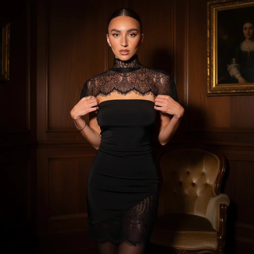 Chic Cape Scialle Senza Spalline Abito Lungo Delle Donne Solido Patchwork di Pizzo Pieghettato Sottile Maxi Abiti 2026 Della Signora Del Partito di Sera Abiti Nuovo