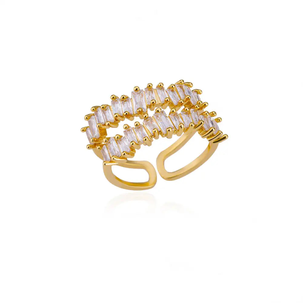 Anelli a foglia a doppio strato con zirconi di lusso per le donne Anello in acciaio inossidabile color oro Boho Coppia gioielli Accessori anelli mujer