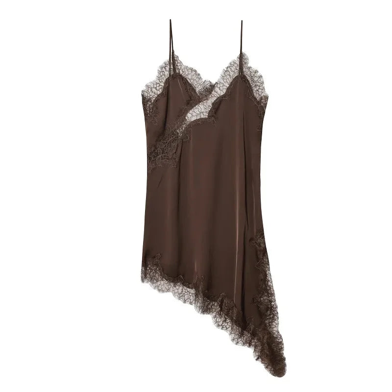 MUJER Abito sottoveste in pizzo nero Abiti corti da festa in raso da donna per le donne Abiti da donna sexy senza schienale Mini abito da notte asimmetrico