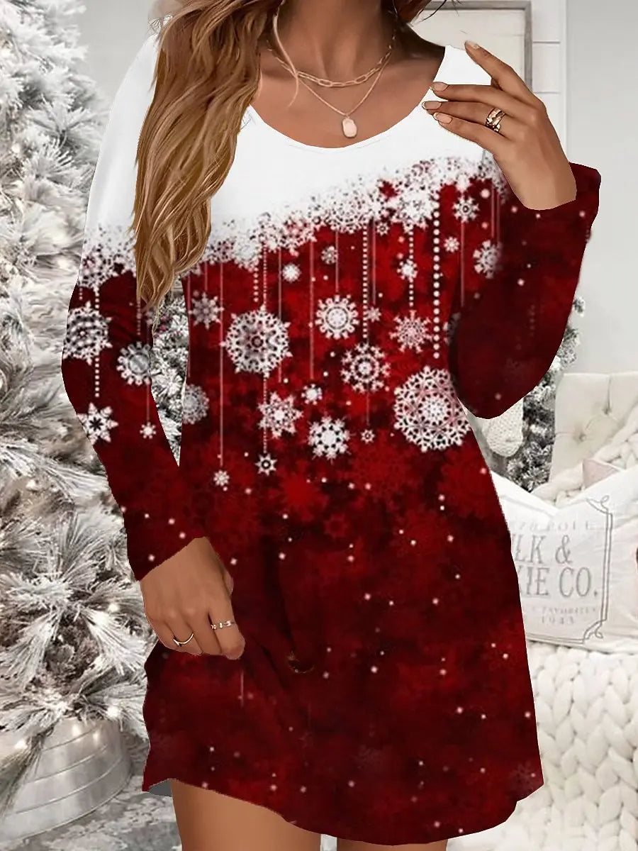 Abito natalizio rosso da donna Casual Natale Pupazzo di neve Fiocco di neve Stampa Mini abito Manica lunga O-Collo Abito da donna autunnale
