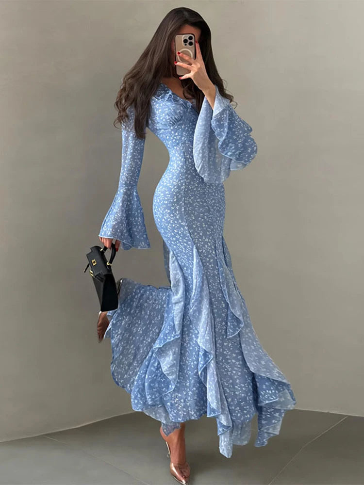 Abito Lungo da Donna con Stampa, Scollo a V, Maniche a Campana, Bordo a Foglia di Loto, Vita Alta, Vestito Maxi Aderente, Elegante Abito da Sera per Feste