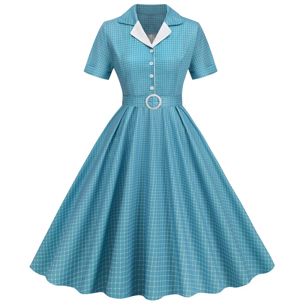 Plaid Vintage Office Lady Abiti estivi Donna 2026 Moda Retro 50s 60s 70s Swing Pinup Rockabilly Party Dress Robe Abiti