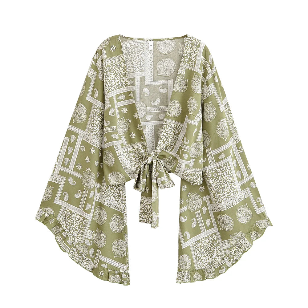 Boho Queens Donna Abiti con stampa floreale marrone Kimono Abito Abiti bohémien Pantaloni a gamba larga 2 pezzi Rayon Boho Set costume da bagno